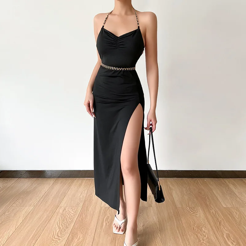 Vestido de tirantes con abertura de punto negro, Sexy, sin espalda, sin mangas, ajustado, europeo y americano, ropa de mujer