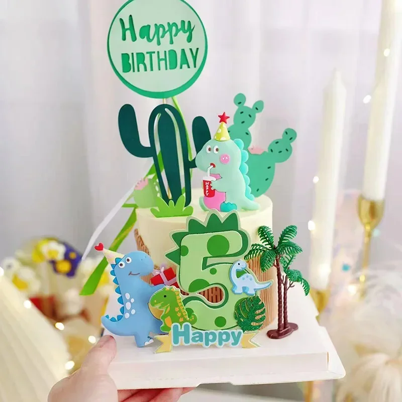 Palm Leaves Dinosaur Cake Topper Number 0 To 9 Happy Birthday Cake Decoration Party DIY 1st Kids for Baby Shower Cupcake Topper