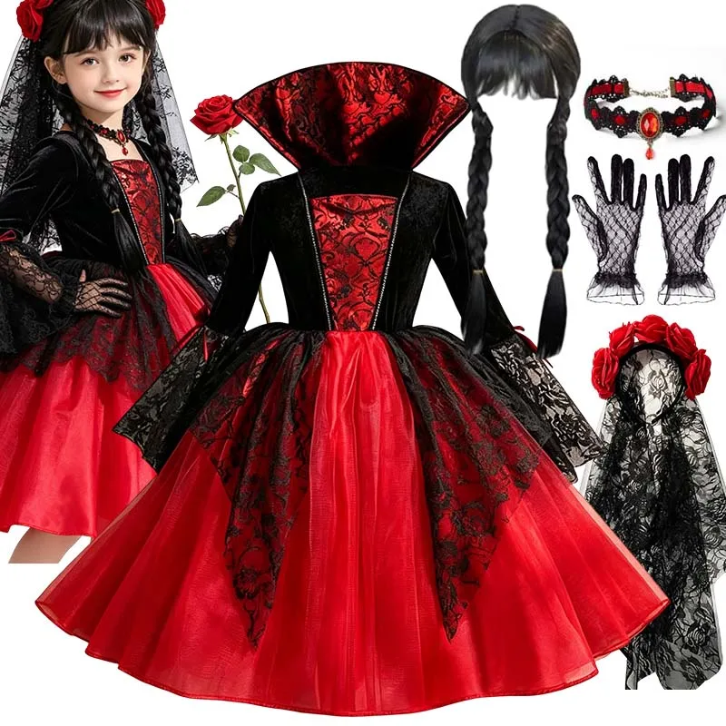 Disfraz de Halloween para Niñas: Novia Fantasma, Bruja, Vampiresa, Vestido Tutú con Peluca, Velo, Guantes y Joyas, Trajes de Cosplay para Fiestas Infantiles