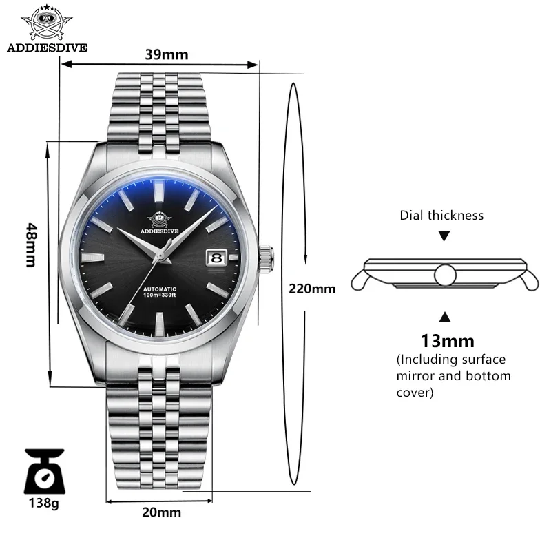 ADDIESDIVE 39mm Business Automatic Mechanical Watch Stainless Steel Calendar Display Dive Men Watches Simple AD2029 Reloj Hombre