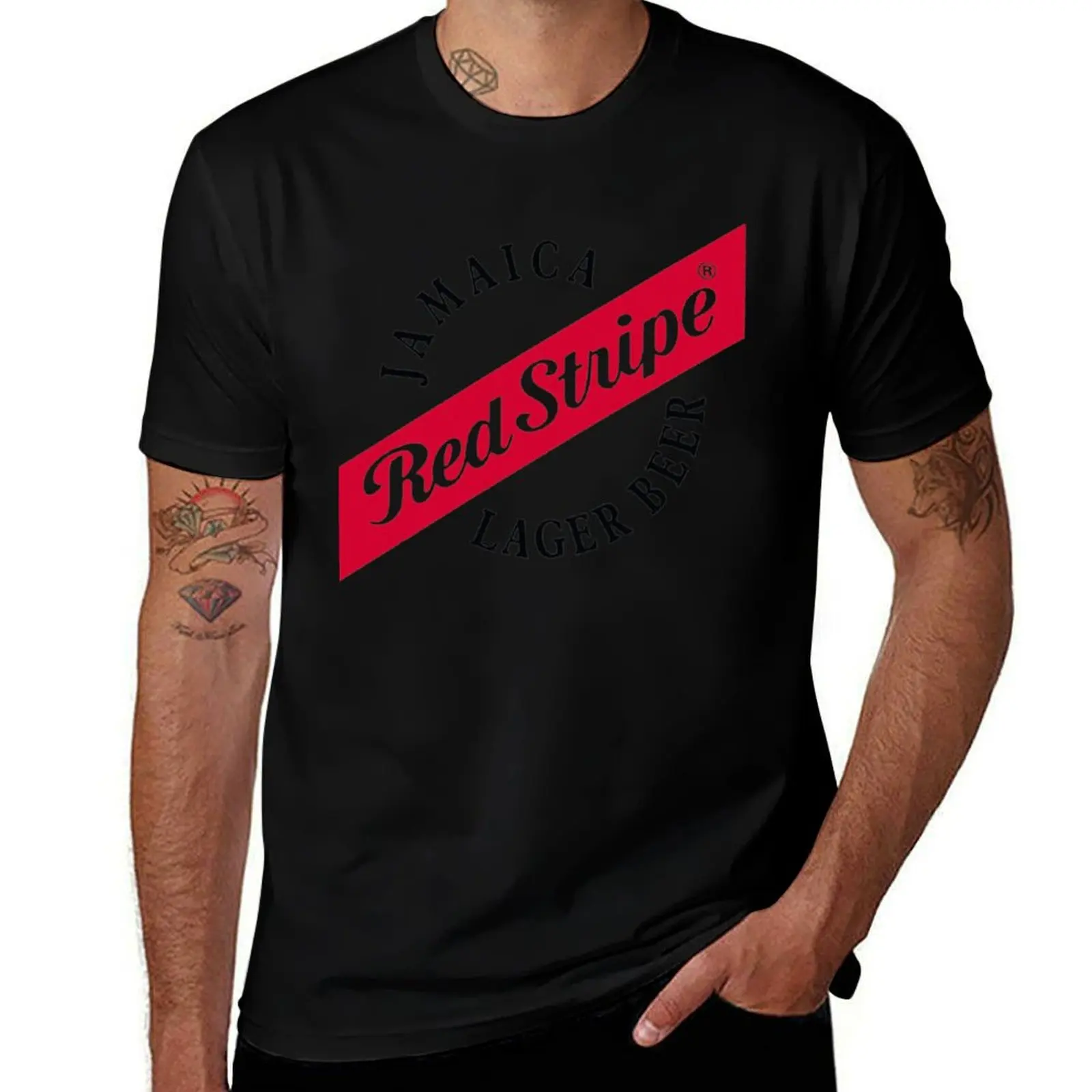 Camiseta esencial Jamaica Red Stripe Lager Beer, camisetas de algodón para hombre, camiseta 100% para hombre, camiseta informal