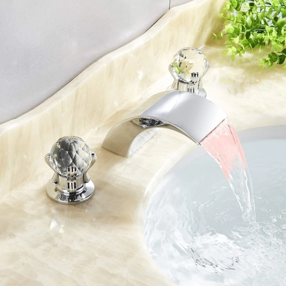 

Широко распространенный смеситель для раковины в ванной комнате, водопадный излив, 3-луночный хромированный смеситель для раковины