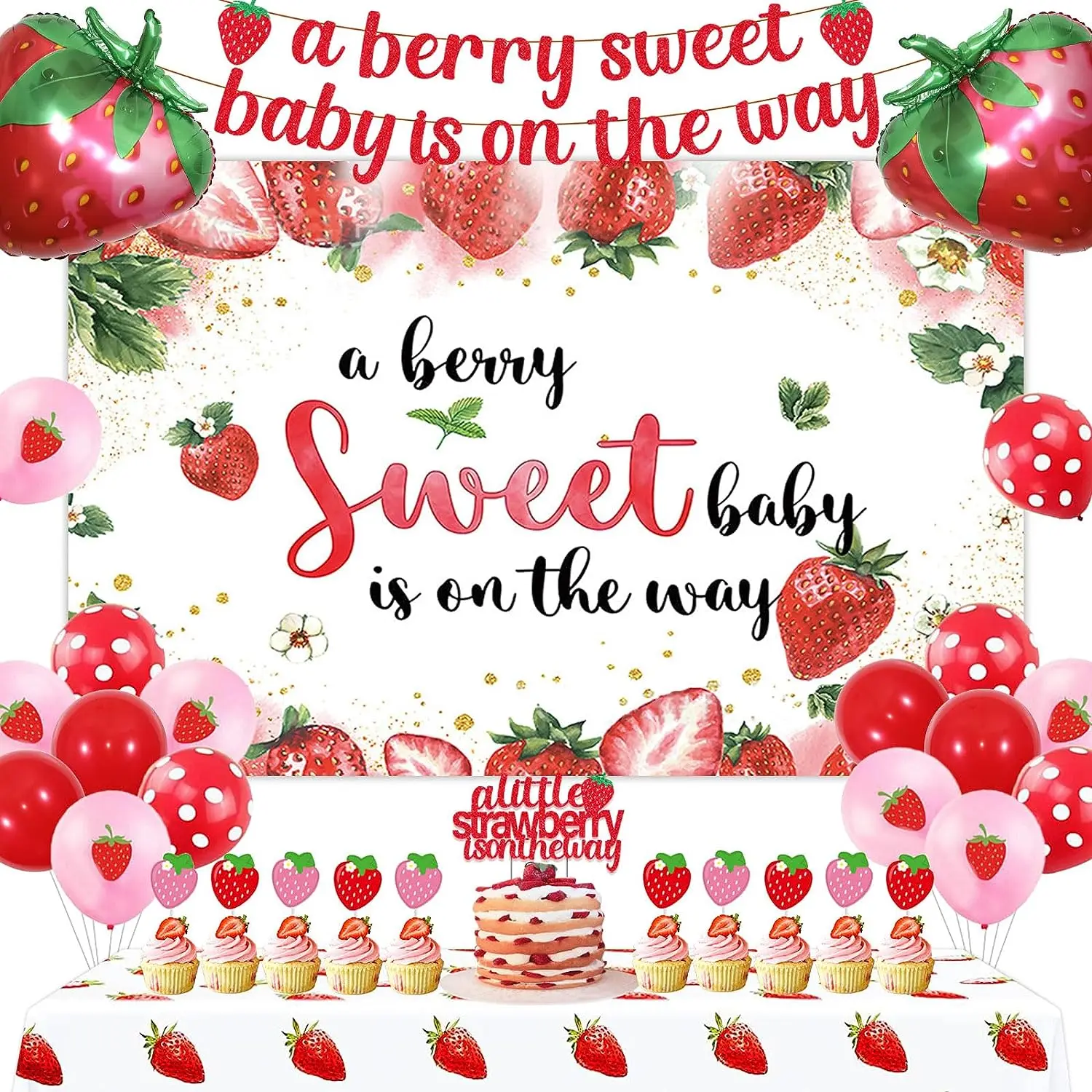 

Strawberry Baby Shower Decorations A Berry Sweet Baby Is on The Way Backdrop Banner Strawberry Balloons Tablecloth Cake Toppers