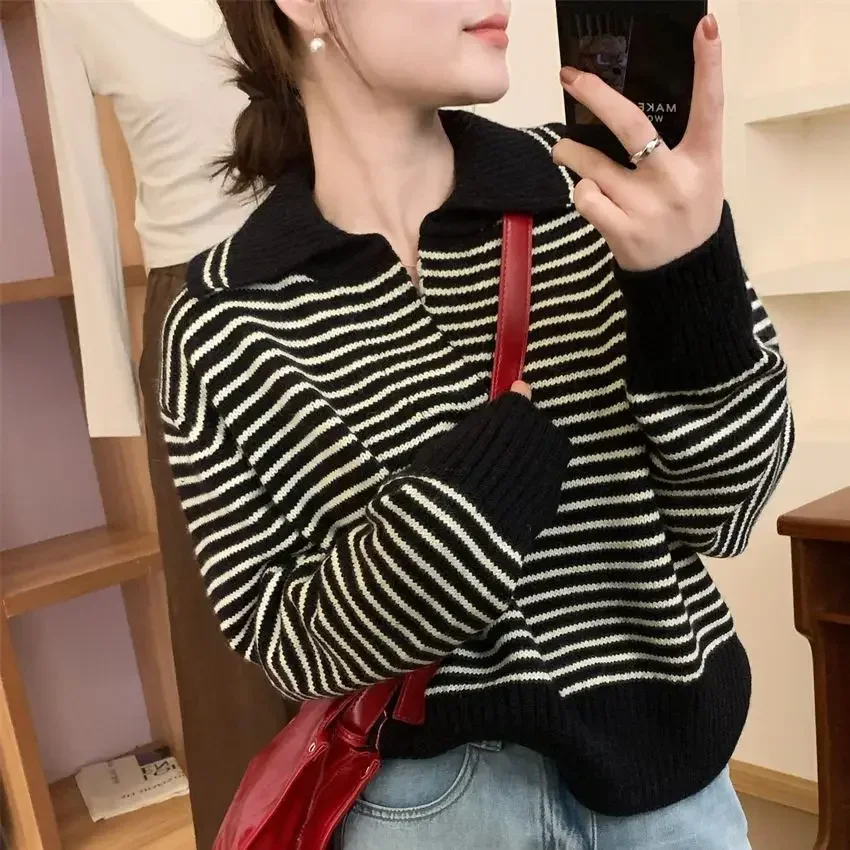 2025 Long Sleeve, Turn Down Collar, , Bottoming Shirt, Sweater, Autumn, Winter Women's Korean Stripes Knit Pullover, 2