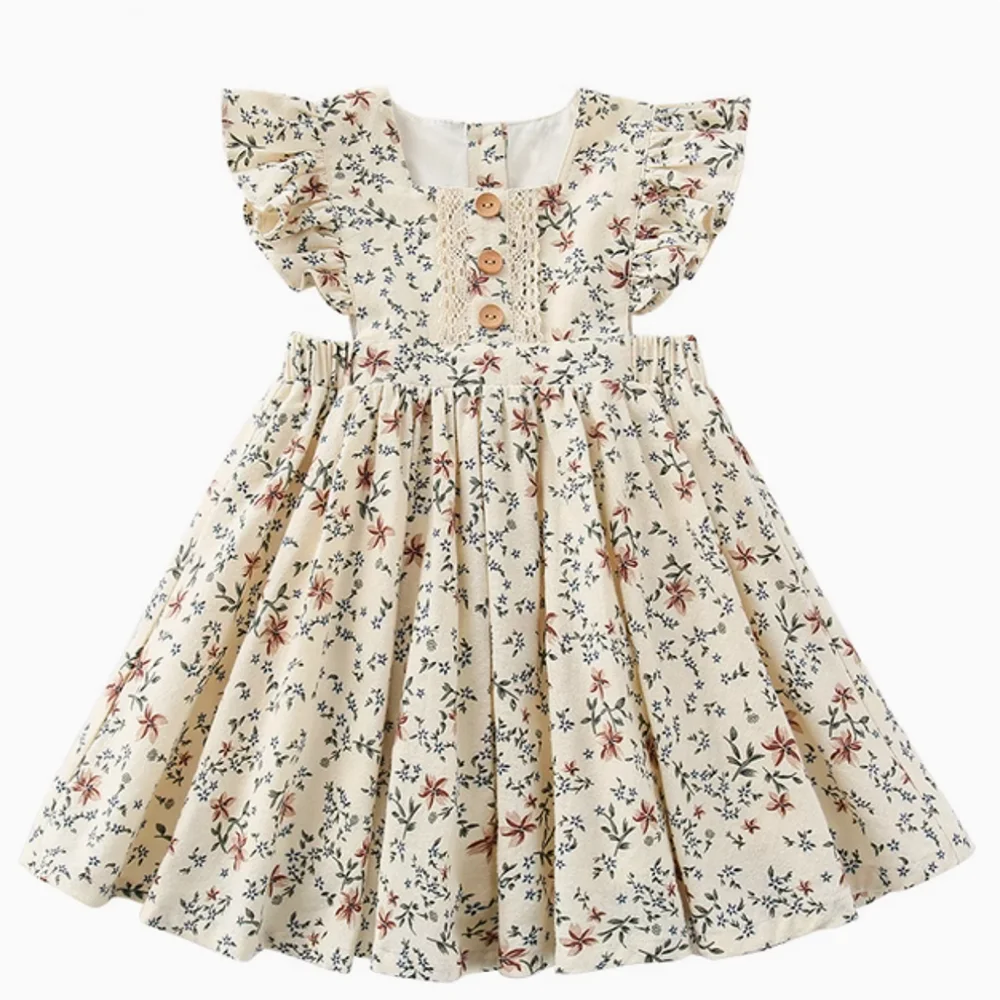 Kids Dresses for Girls Floral Flying Sleeves Casual Dresses Summer Ruffles Sweet Casual Daily Dress Toddler Casual Flower Dress