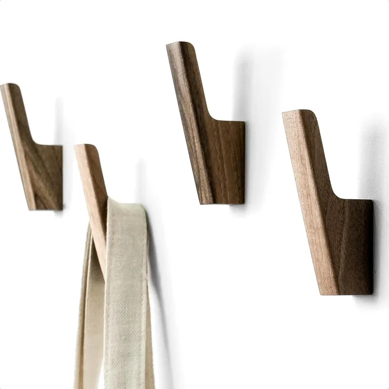 

Wood Wall Hooks - Set of 4 - Dark Walnut Wood Coat Hooks for Hanging Hat, Purse, Backpack, Bag