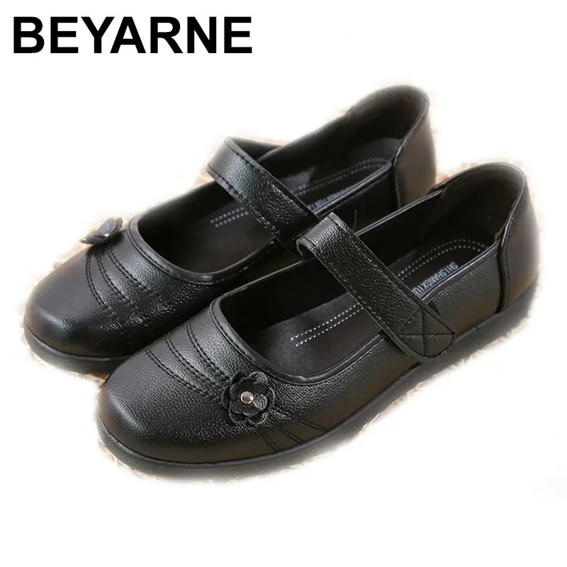 BEYARNE Women Mary Janes leather flat shoes women cheap comfort woman flat shoes flower shoes woman casual round toe flat