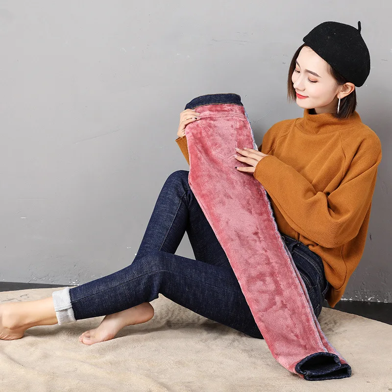 2023 Women Thermal Jeans Winter Snow Warm Plush Stretch Jeans Lady Skinny Thicken Fleece Denim Long Pants Retro Pencil Trousers