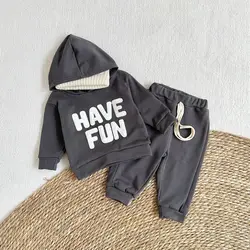 2PCS Ins Style Spring Autumn New Boys Girls Baby Sports Suit Handmade Letter Patch Baby Clothing Sets Cotton Hooded Sweat Pants