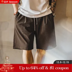 Maden Men's Summer Shorts Wrinkle-Resistant 3D Grid Pattern Straight-Fit Bermuda Shorts with Elastic Waist Short Pants