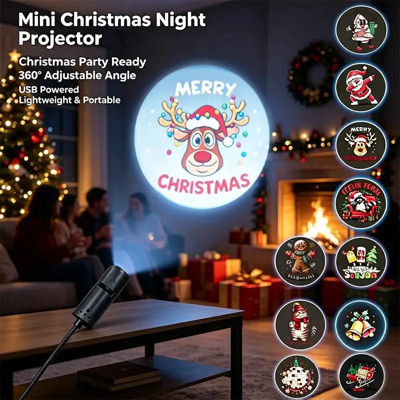 USB Christmas Projector Light With 3/6/10 Films Xmas Pattern Projection Lamp For Bedroom Decor Party Ambient Lighting