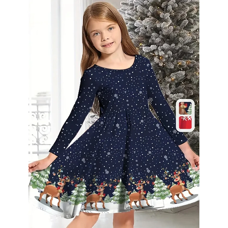 2025 Christmas Dress Kids Long Sleeve Full Printing Casual Elk Xmas Baby Girls Clothes Santa Claus New Year Party Outfit