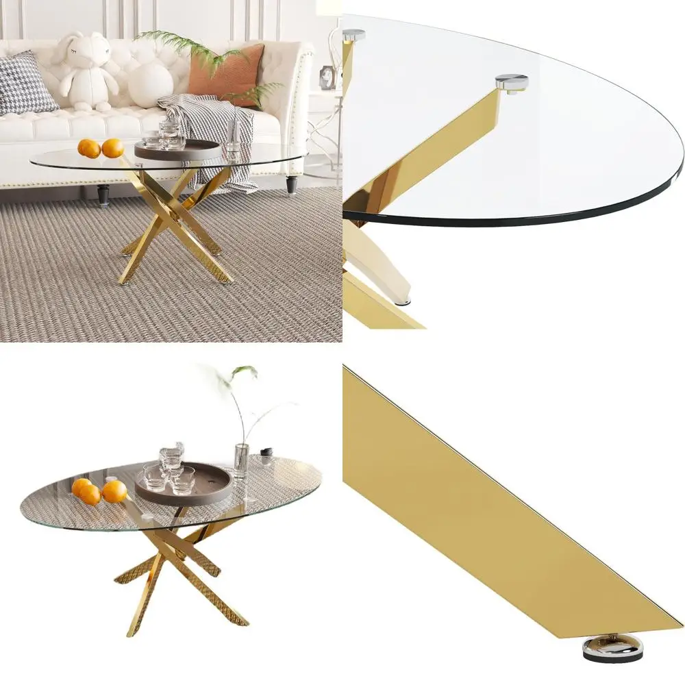 

Oval Chrome Leg Glass Coffee Table - Modern Gold Accent for Home & Office Living Rooms