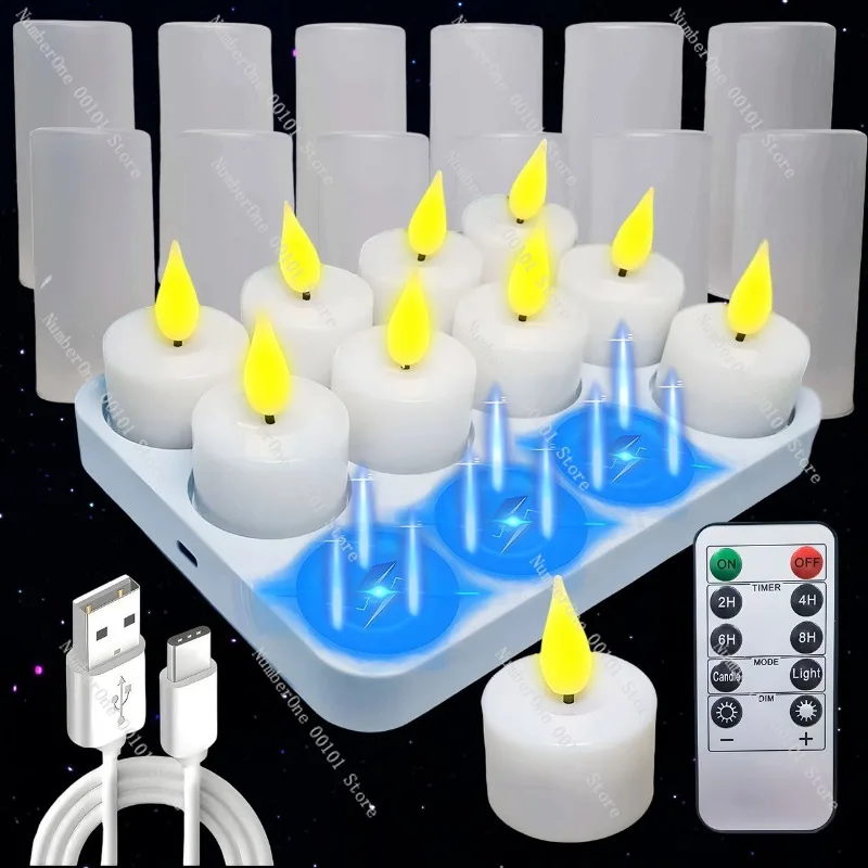 Christmas Holiday Flameless LED Candle Set 12pcs USB Rechargeable with Remote Control Realistic Flickering Wax Look Safe