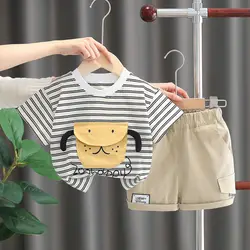 New Kids Boys Girls Summer Clothes Cotton Strips Sports Suit Infant T Shirt Shorts Children Clothing Tracksuits Set 0-5 Years