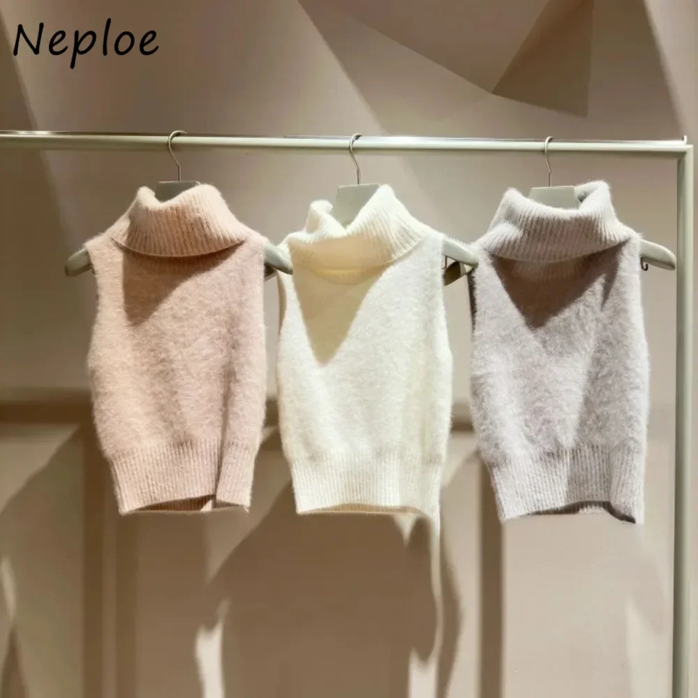 Neploe Vintage Warm Turtleneck Sleeveless Jumper Fur Hairy All-match Sexy Exquisite Pullover Japan Sweet Office Lady Knitted