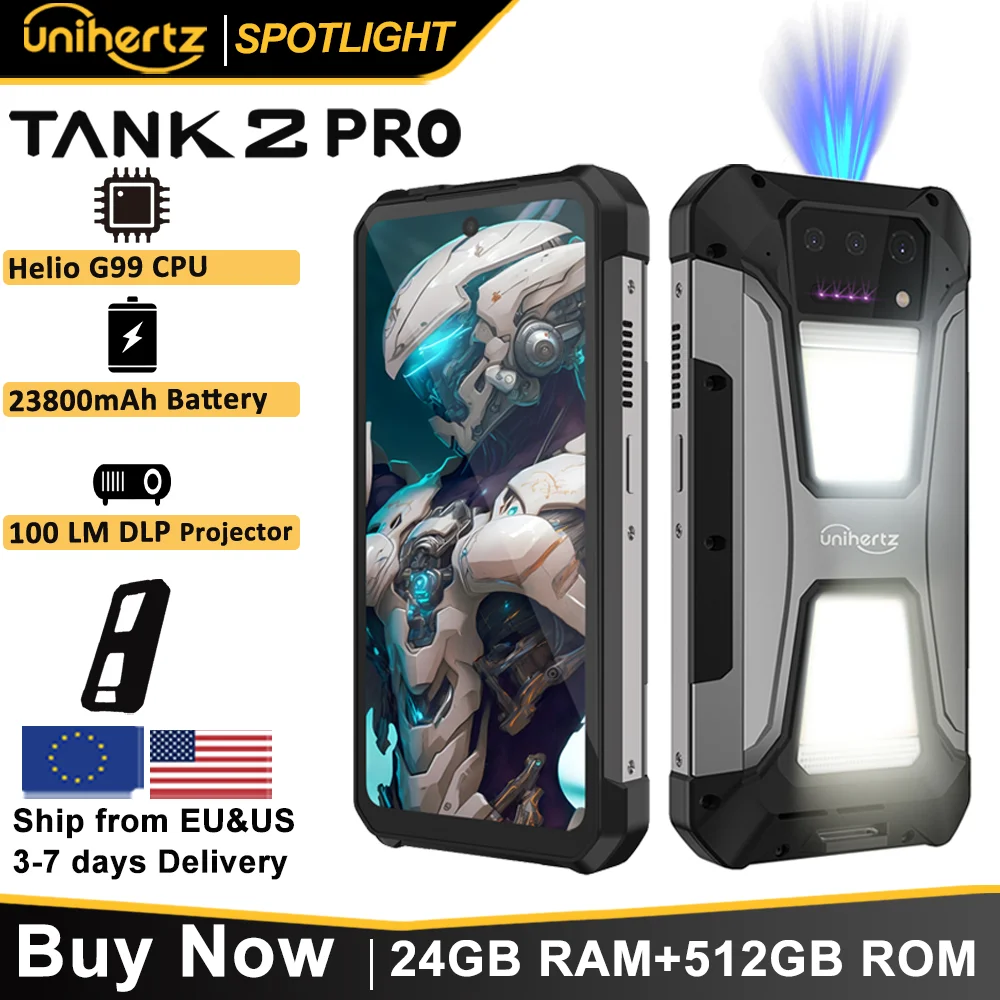 Unihertz tank 2 Pro 8849 rugged smartphone with projector 2.4K 23800 mAh 24GB + 512GB mobile phone Android 14 100MP NFC cell phone