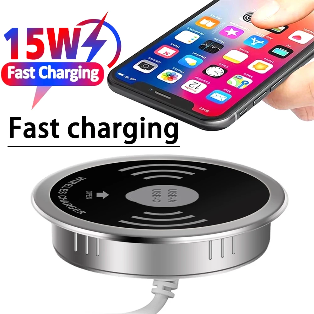 Pengisi daya nirkabel bebas instalasi, 60mm tidak terlihat di bawah meja, stasiun pengisi daya telepon 15W stasiun pengisian nirkabel untuk iPhone