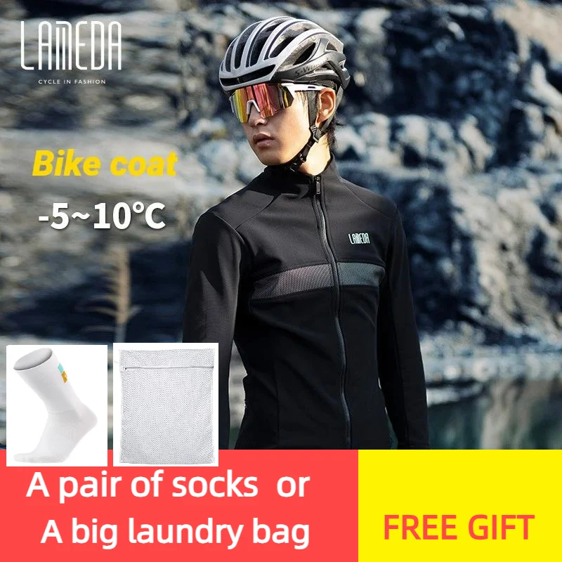 LAMBDA Jersey Men Winter Warm Bike Clothes Fleece Long Sleeve Windproof Cycling Jacket with Pockets Black Cycling Coat