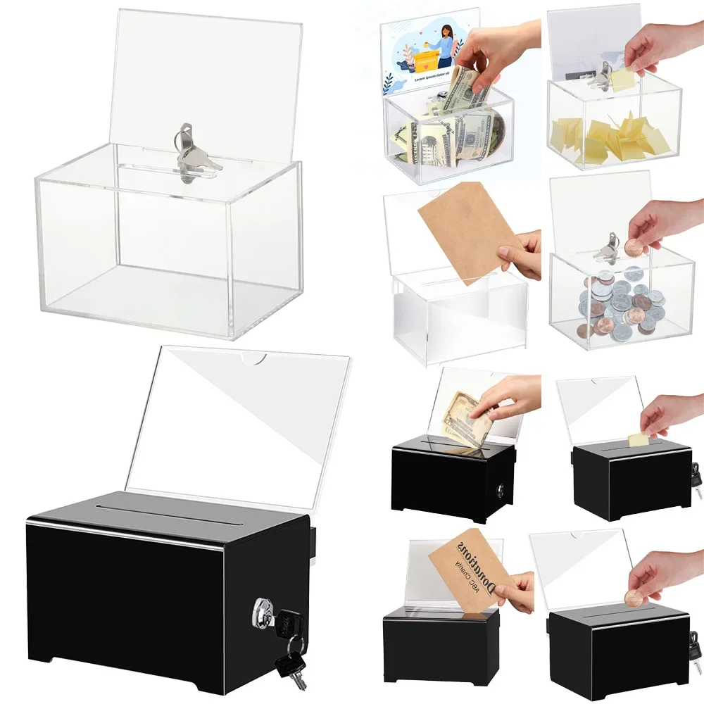 Box Clear Donation Storage Jar Suggestion Trading Lock Ballot Raffle Acrylic Money Ticket Container Tip Fundraising Collection