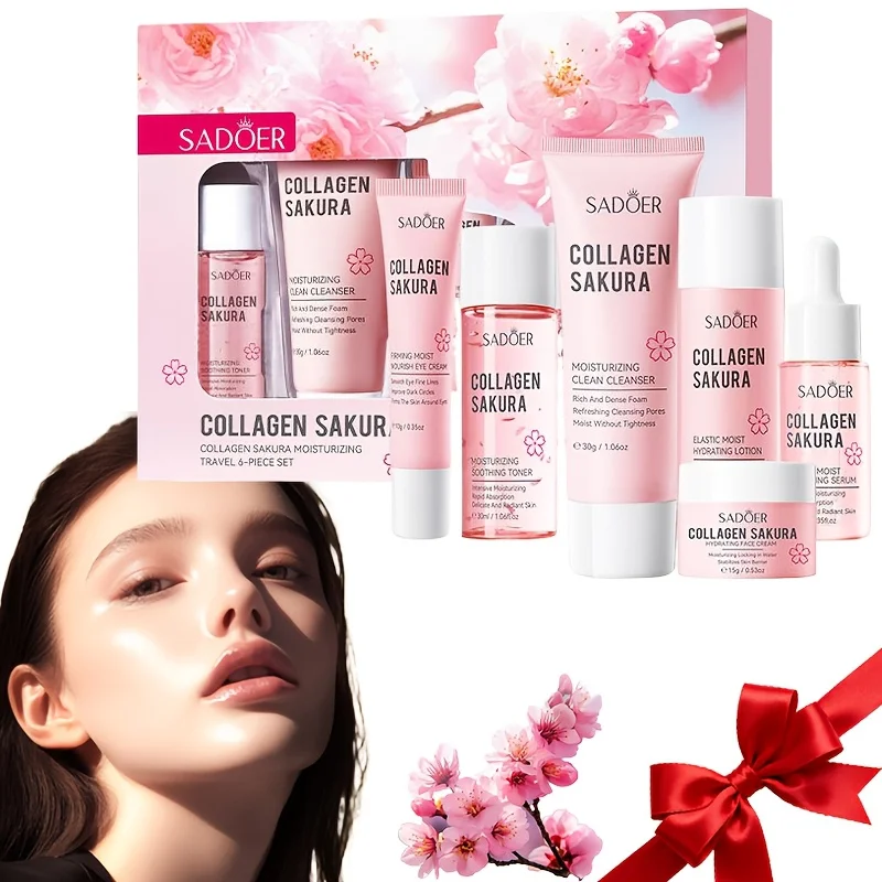 conjunto-de-viagem-hidratante-de-colageno-sakura-com-6-pecas-contem-limpador-tonico-locao-essencia-creme-para-os-olhos-creme-facial-cuidados-com-a-pele