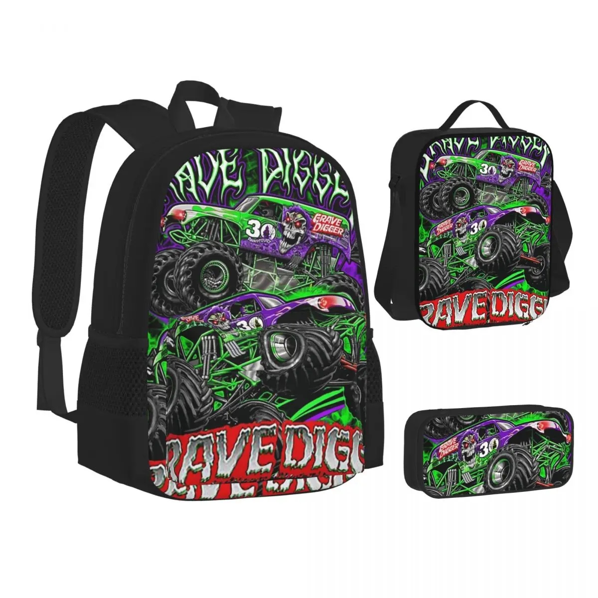 

Monster Jam Grave Digger Monster Truck Art Fans Backpacks Students School Bags Kids Rucksack Lunch Bag Pen Bag Three-Piece Set