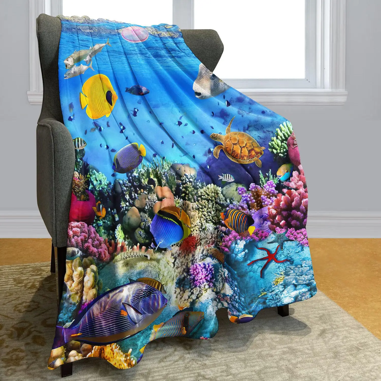 

Underwater World digital-printed polyester Bedroom velvet flannel soft sofa cover blanket Fleece soft cover blankets for beds