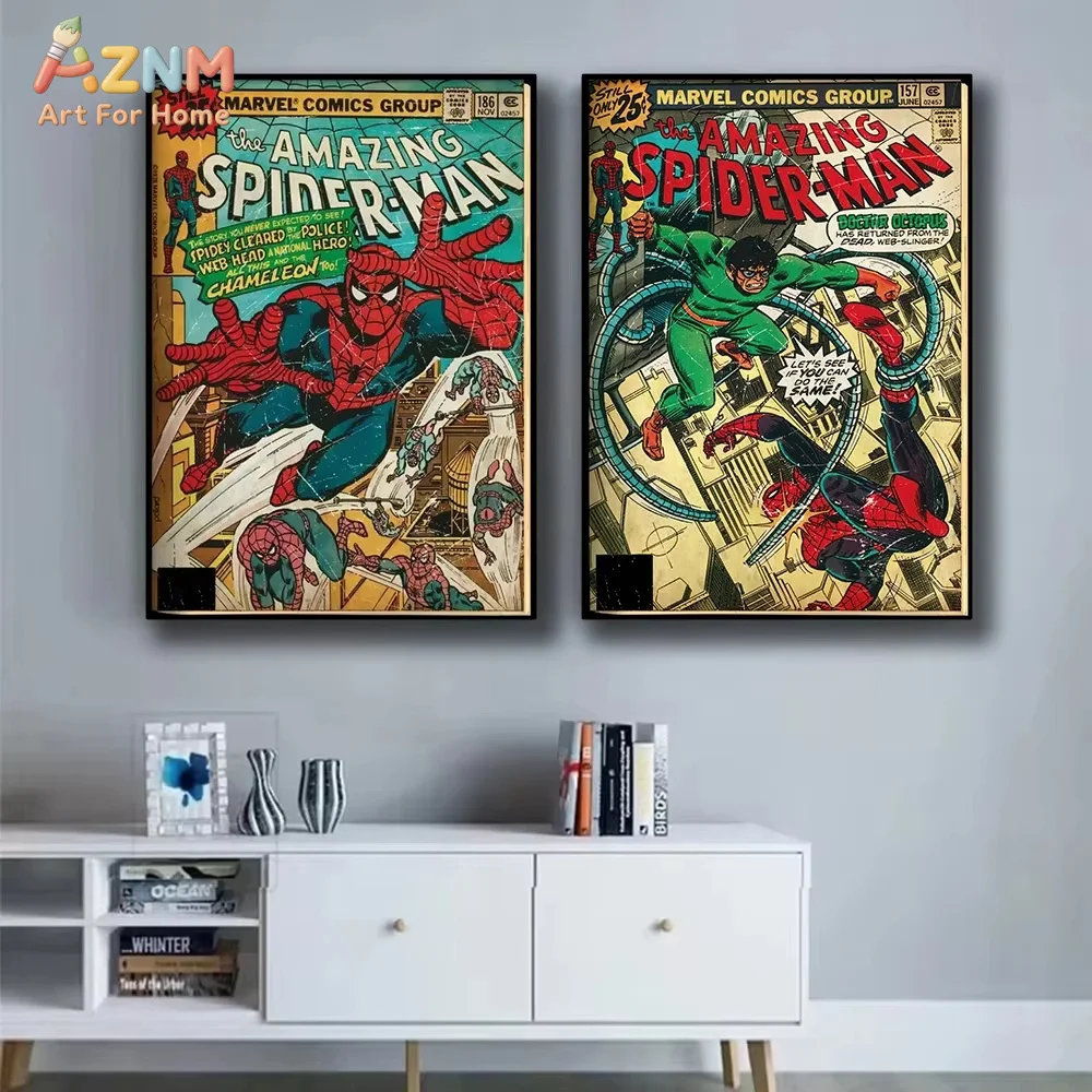 Retro Marvel Superhelden Dekorative Malerei Anime Spider-Man Kunstposter Amerikanischer Film Wandbild Heim Zimmer Wanddekoration Druck