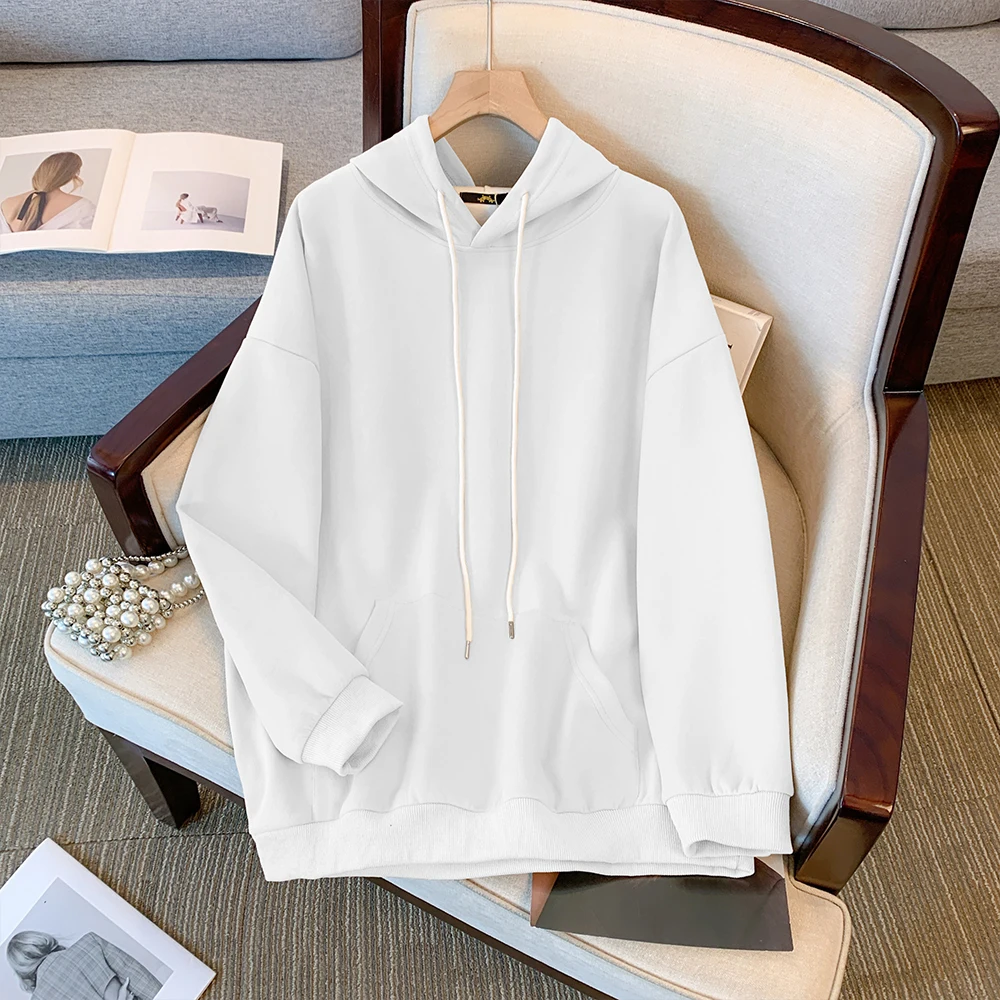 Plus-size women's Fall/Winter Casual commute loose and comfortable hoodie Purple white hooded long-sleeved top with pockets big