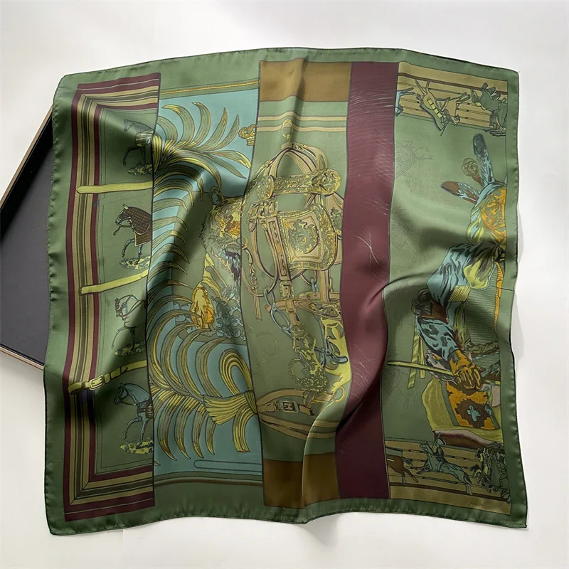 2024 Spring/Summer Retro Horse Print Neckerchief 70*70cm Green Square Scarf Women’s Breathable Imitation Silk Bandannas