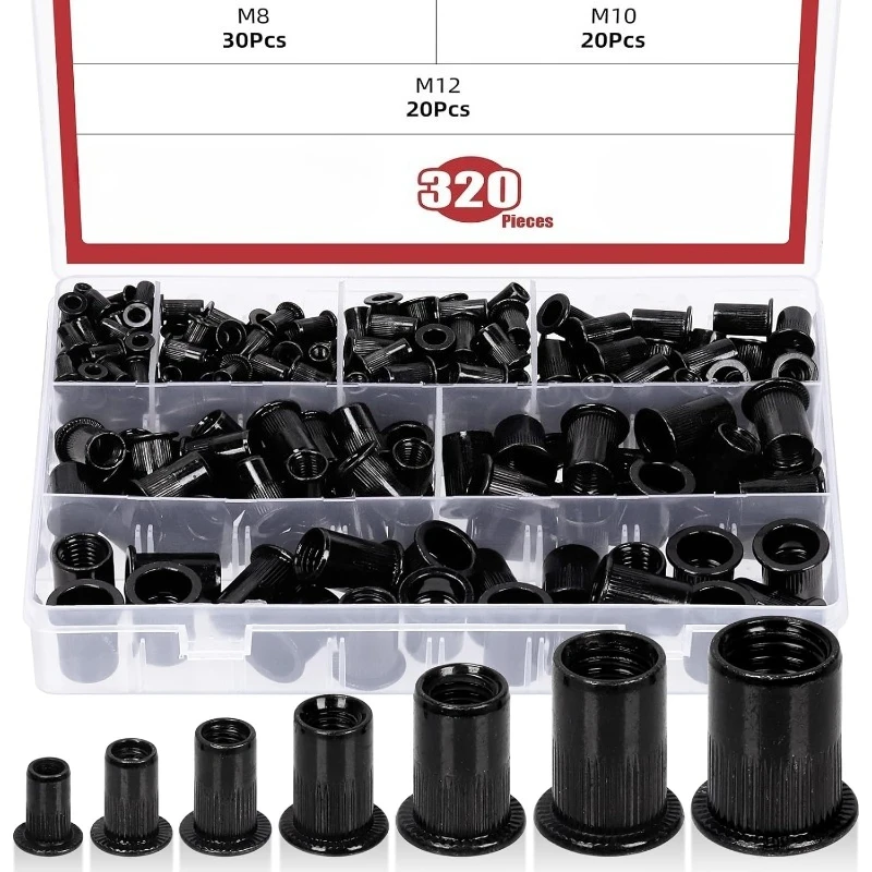 

320pcs Flat Rivet Nut M3 M4 M5 M6 M8 M10 M12 Black Carbon Steel Flat Head Threaded Rivet Insert Nutsert Cap Rivets Nuts
