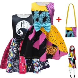 Kids Girls Halloween Sally Costume Movie The Nightmare Cosplay Before Christmas Bow Print Princess Dress Bag Suit for Children