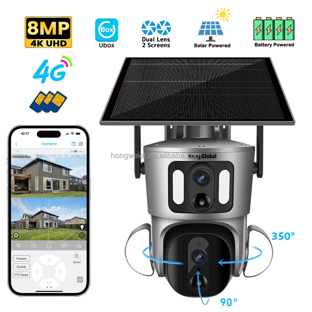 HongGlobal 8MP PTZ CCTV Solar Energy Wireless Surveil Light Camera Ubox Dual Lens 4G Outdoor Security 4G Sim Card Solar Camera