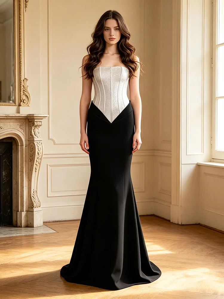 Sexy Strapless Black and White Sparkly Patchwork Long Dress Women Sleeveless Ruched Slim Dresses Celebrity Evening Party Gowns
