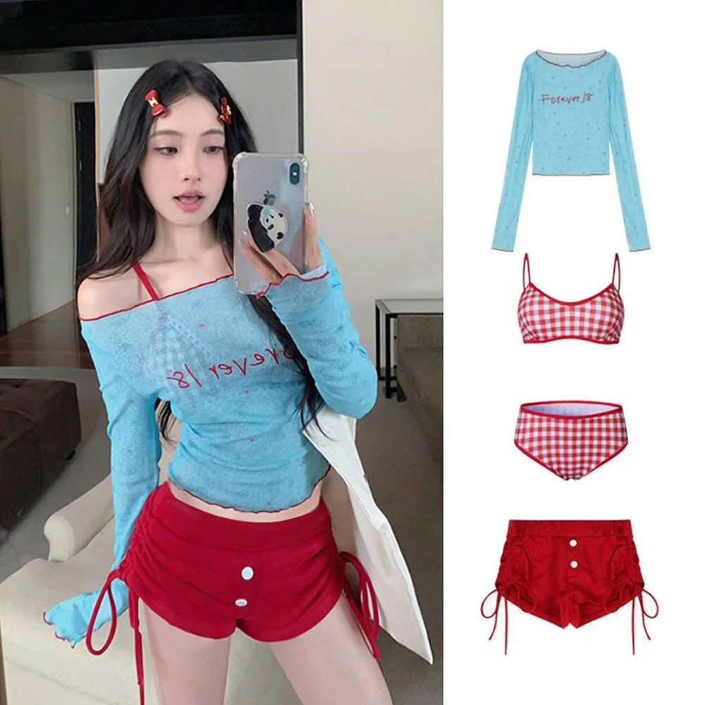 

4Pcs/Set Summer Y2k Women's Swimsuit Blue Embroidery Long Sleeve Bikini Set Hot Spring Swimming Sun-proof T Shirts
