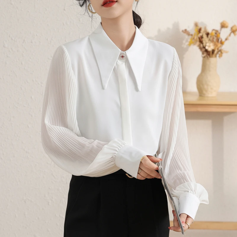 Autumn Korean Chiffon Women's Blouse 2023 New Long Lantern Sleeve Single Breasted Workwear Casual Office Shirts White Top Female