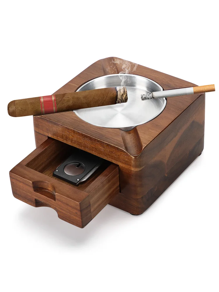 Cigar Ashtray Wooden Ashtray Square Ashtray 4 Slots Cigar Holder Cigar Accessories Drawer for Indoor Outdoor Patio Home Office