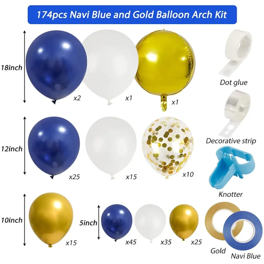 Imagem -02 - Ouro Azul Marinho e Branco Látex Balão Guirlanda Kit Confete Metálico 4d Alumínio Folha Balões Partido 174 Pcs