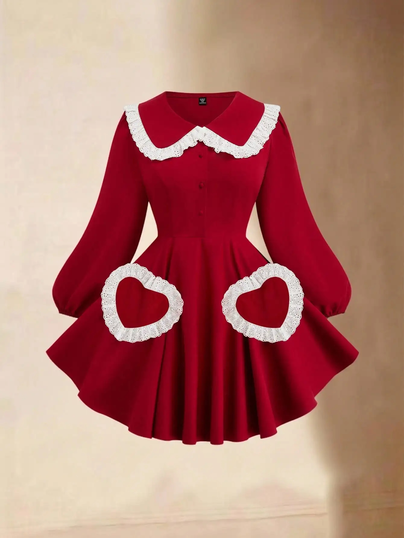 

Red Long Sleeve A-Line Dress with White Lace Collar and Heart Pockets
