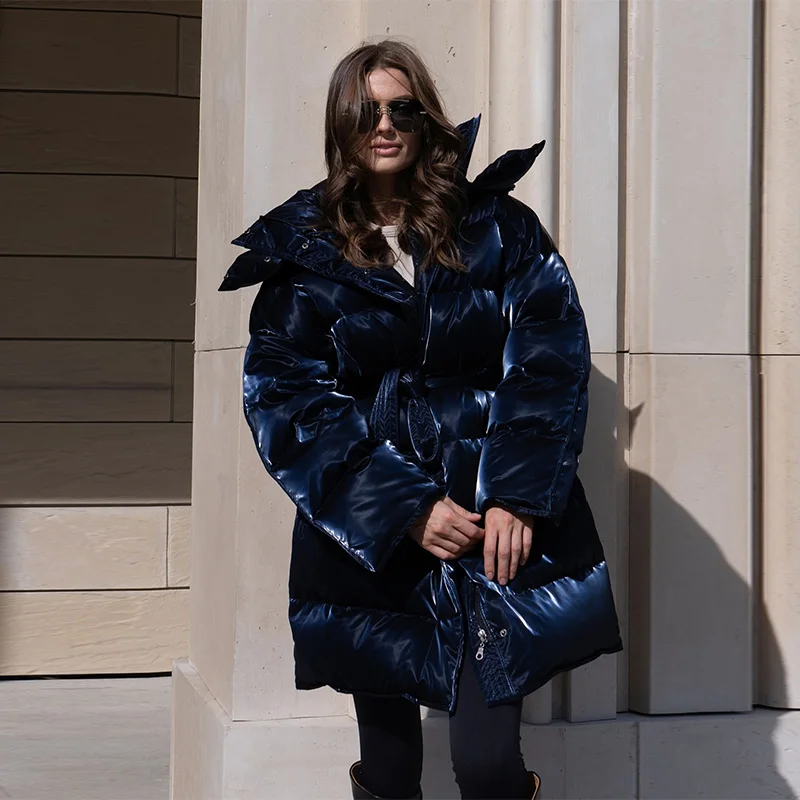 

Shiny Reflective Cinched Waist Outwear Winter Luxury Elegant Lapel Cotton Coat Female Length Loose Trendy Thick Warm Down Jacket