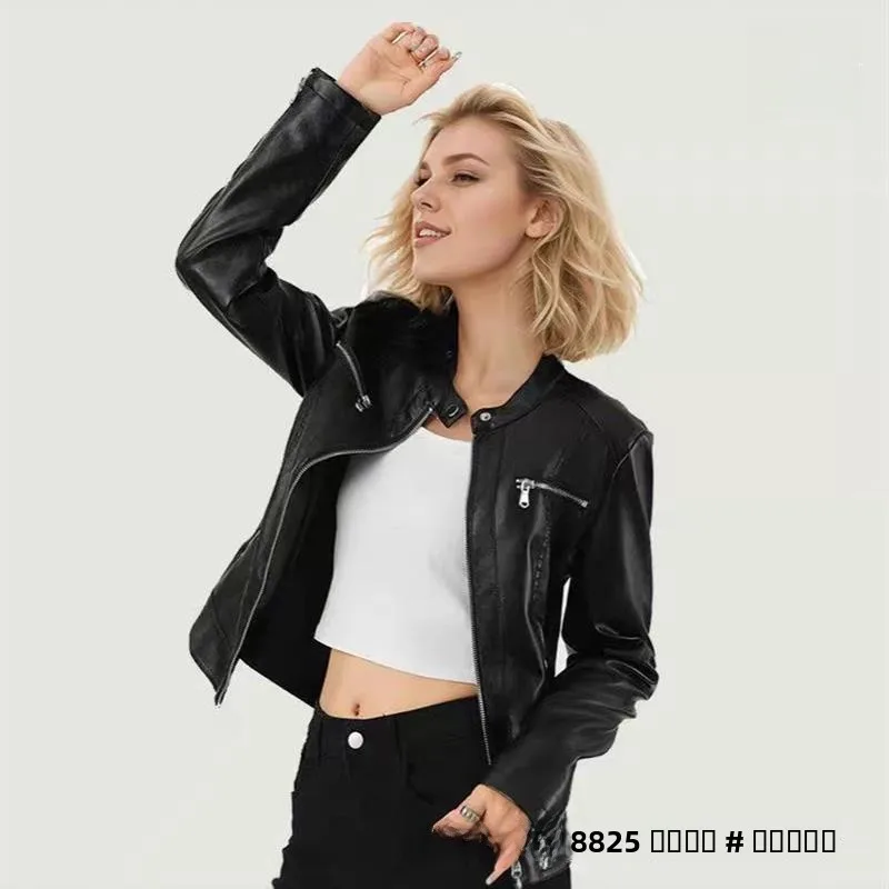 เสื้อแจ็คเก็ตมอเตอร์ไซค์ทรงเข้ารูปแฟชั่น 2024 รุ่นใหม่ เสื้อโค้ทหนังผู้หญิง แขนยาว ผ้าสำหรับเดินทาง