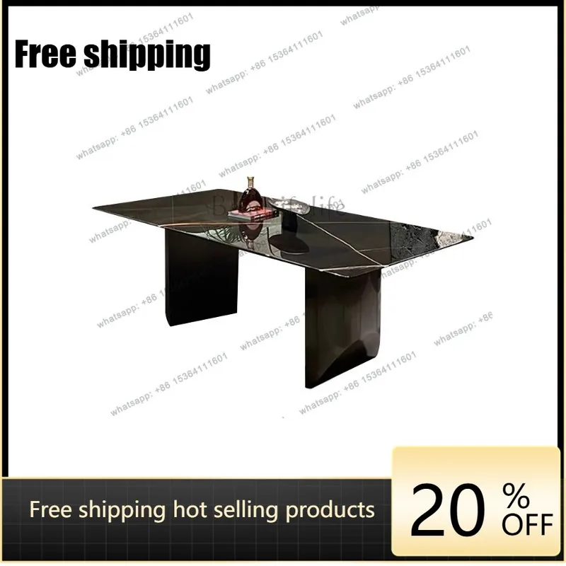 YJ natural marble black gold luxury stone dining table high sense minimalist modern rectangular dining table