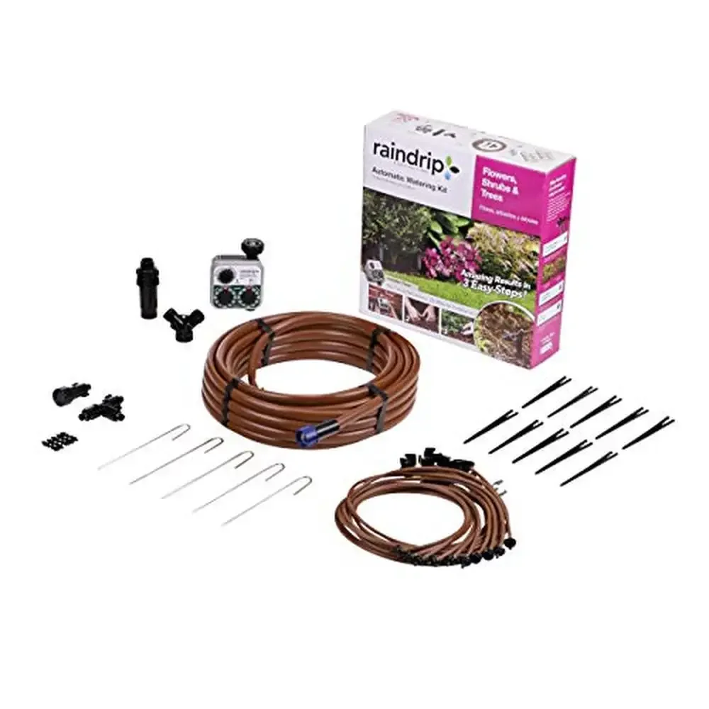 Drip Irrigation Watering Kit Timer Flowers Shrubs Trees 10 Plants Pressure Regulator Filter Y Connector Poly Tubing Clamp N