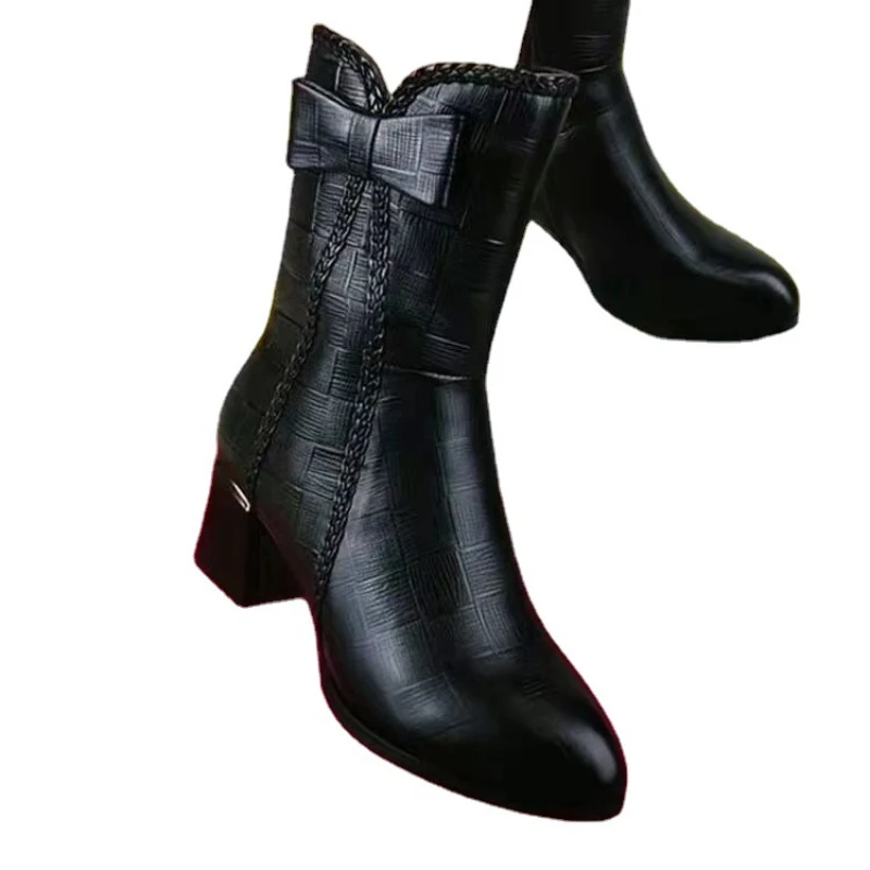 2023Womens Shoes New Fashion Thick Sole Ankle Boots Bow Comfortable Waterproof Mid-calf Heels Women Boots Zapatos De Mujer