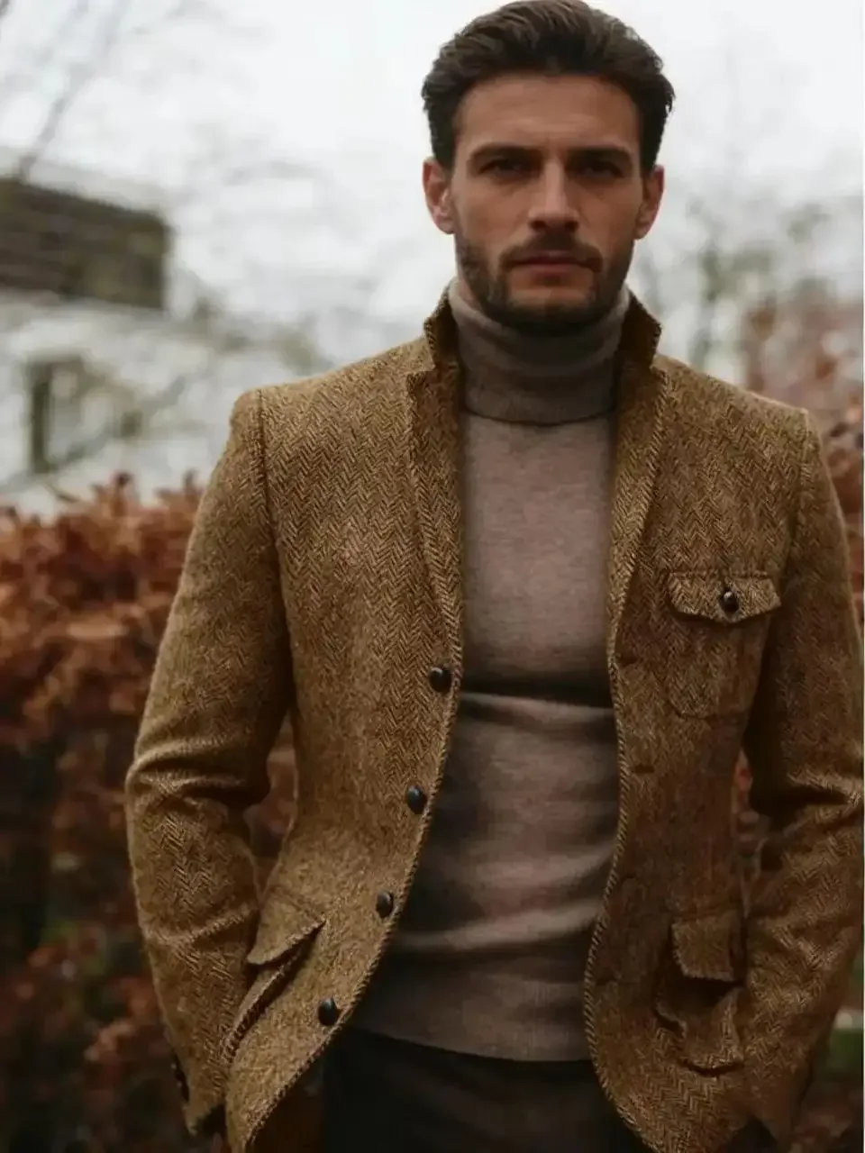 Only Jacket 1PCS Vintage Men's Blazer Herringbone Business Suit Tweed Mandarin Multi-Pocket Casual Jacket Slim Fit Sport Coat