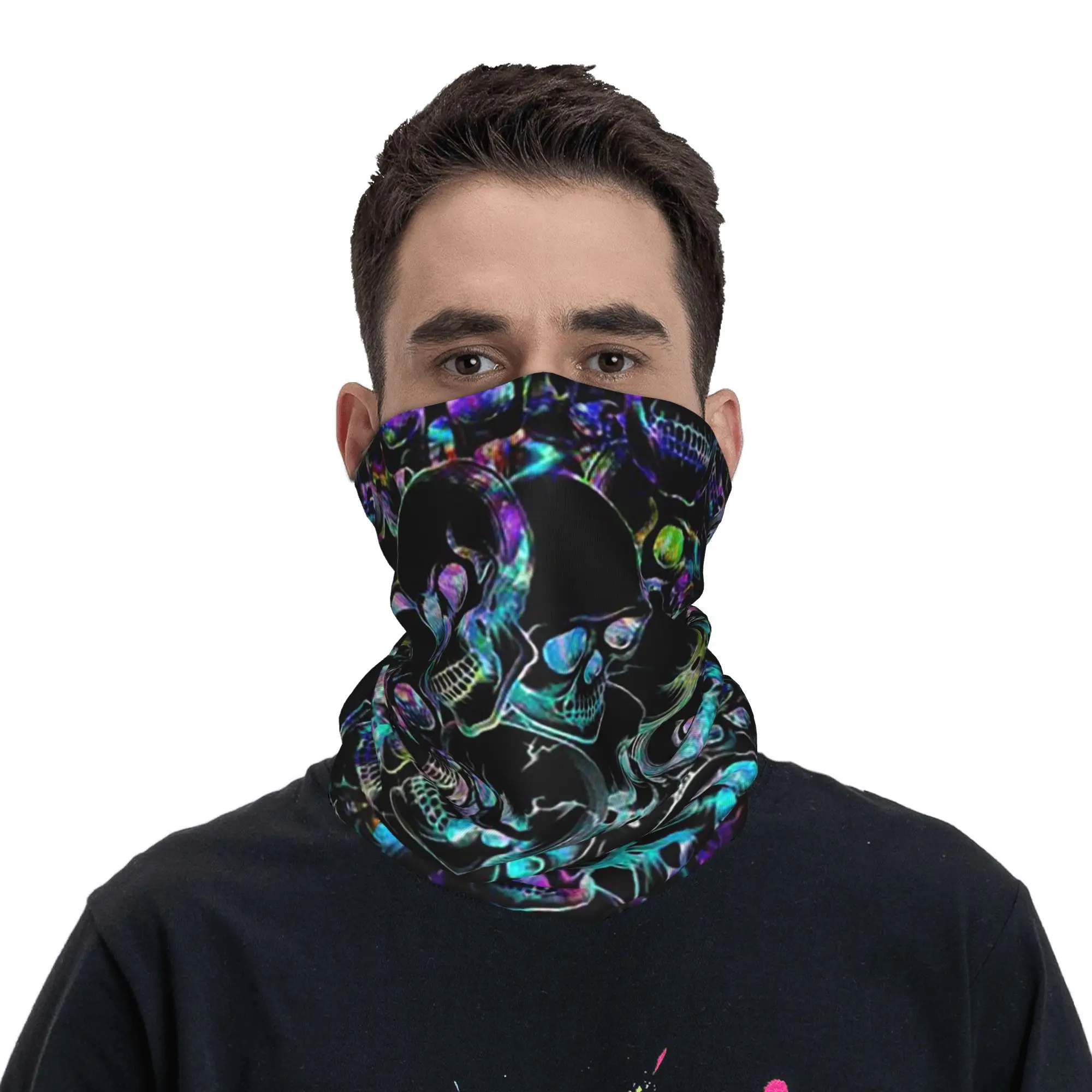 Vibrant Neon Skull Printed Bandana Neck Gaiter Printed Mask Scarf Multifunction Face Mask Running For Men Women Adult