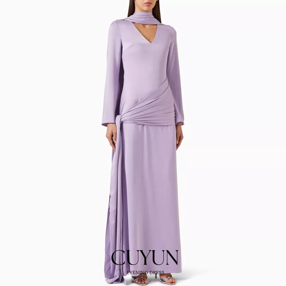 CUYUN Customized Scarf-style Purple Evening Dress Wedding Guest Wear V-Neck Long Sleeves Party Gown Formal Event Dresses Prom