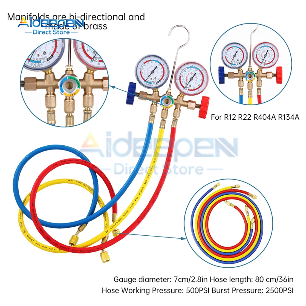 R410A R22 R134a R404A Manifold Gauge Set HVAC A/C Refrigeration Charging Service with Hoses Adjustable Couplers Adapter Can Tap