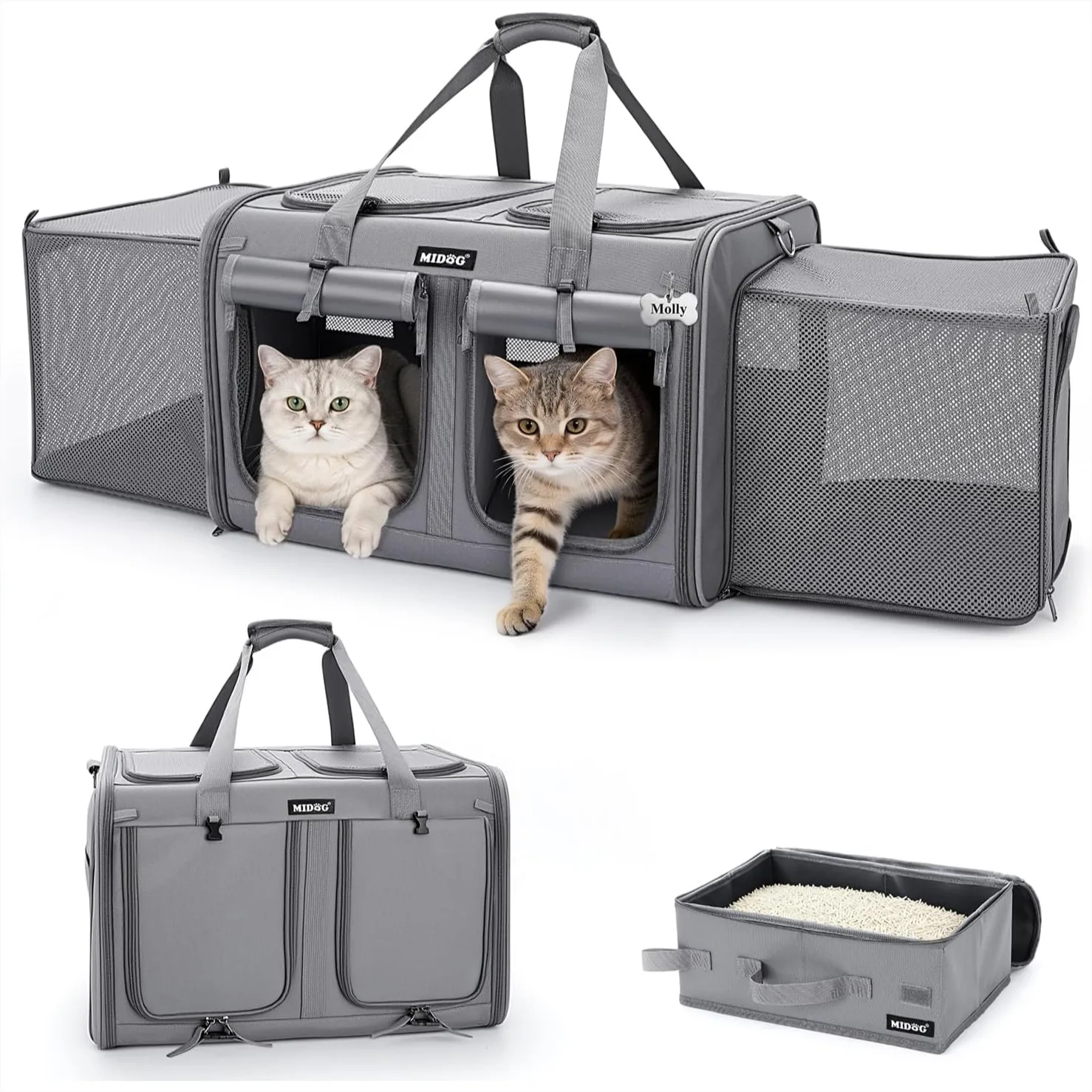 

Cat Carrier with Litter Box, Expandable Dual Compartment for 2 Cats, Soft Sided Travel Pet Carrier with Seatbelt Loops
