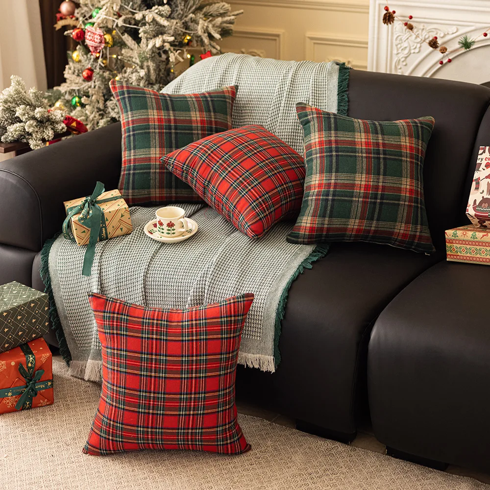 Christmas Plaid Decor Throw Pillow Covers Scottish Tartan Cushion Case for Farmhouse Home Square Pillow Case Cushion Pillowcase